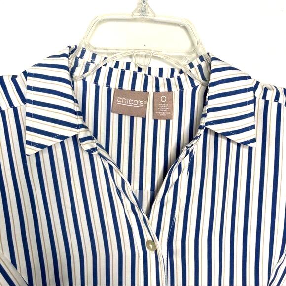 Chico's Wms Sz 0 Blue White Gold Striped Button Up Blouse Career Casual Roll Tab - Picture 5 of 11